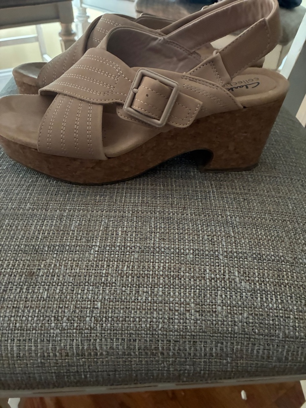 Clarks Taupe Cross-Strap Cork Wedge Sandals